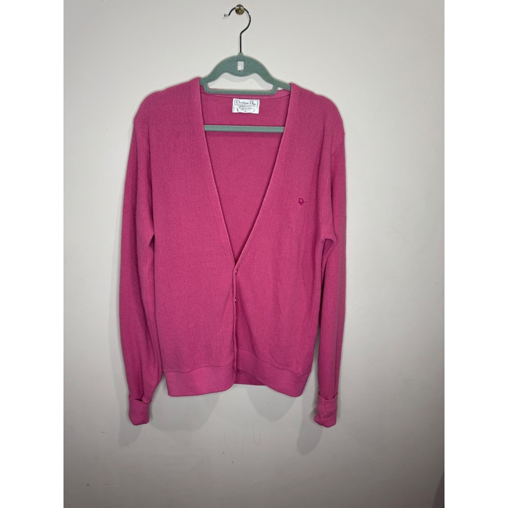 Vintage Christian Dior Mens Cardigan Sweater 100% Orlon Acrylic USA PINK Large